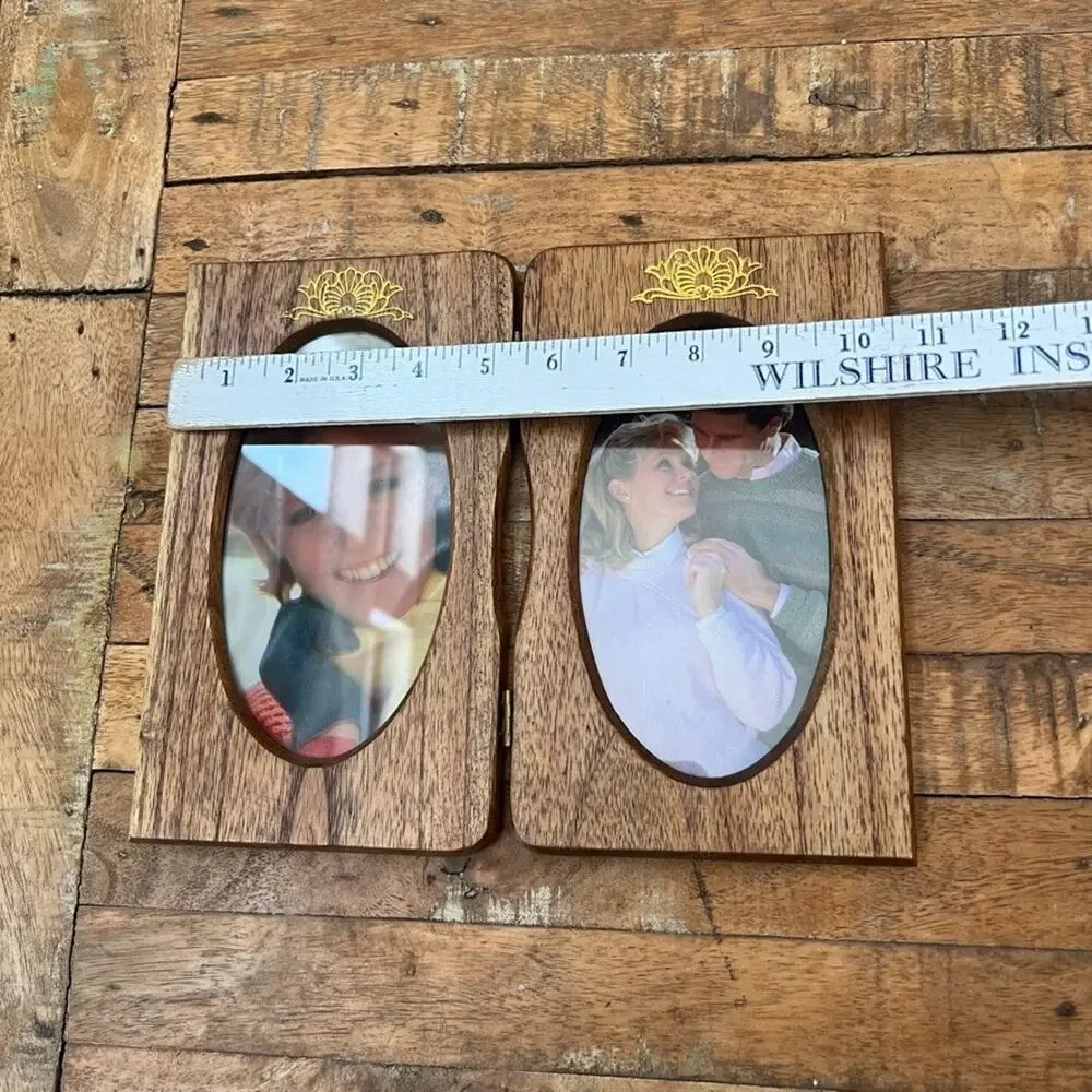 Vintage Carved Wooden Hinged Double Photo Frame Fits 3.5